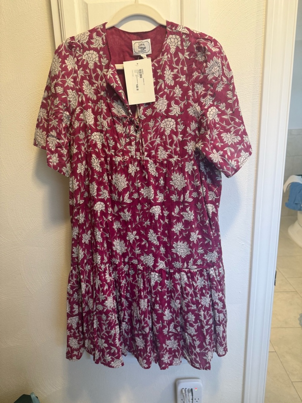 Emerson Fry Maroon Floral Short-Sleeve Tiered Dress